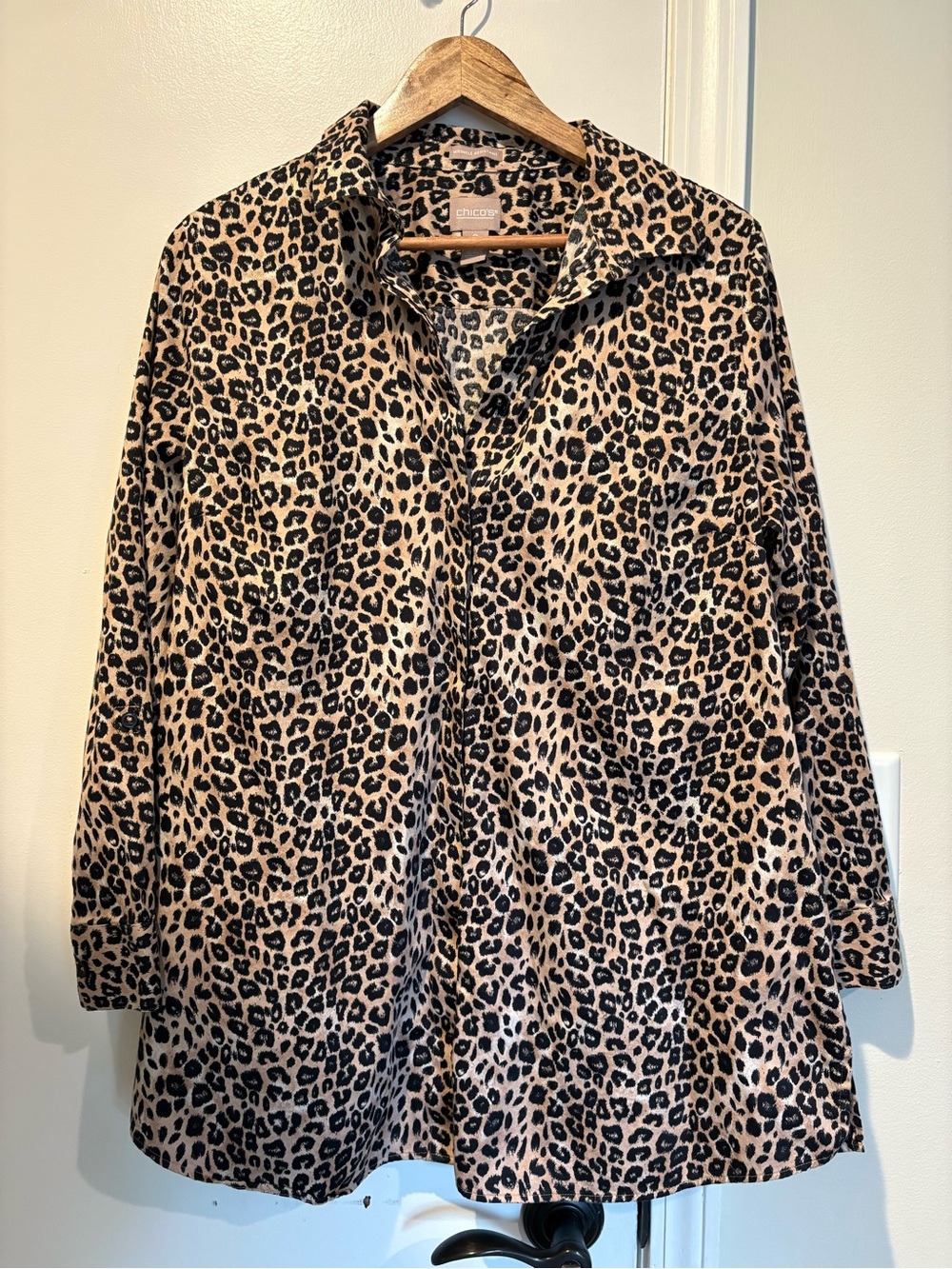 Boho Chic Chico's Leopard Print 100% Cotton Button-Up Collared Shirt/Tunic